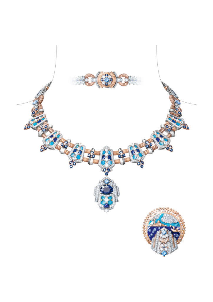 Reine de L’Adriatique necklace in white and rose gold with an oval-cut 9.40-ct Burmese sapphire, sapphires, lapis lazuli, turquoise and diamonds (Credit: Van Cleef & Arpels)