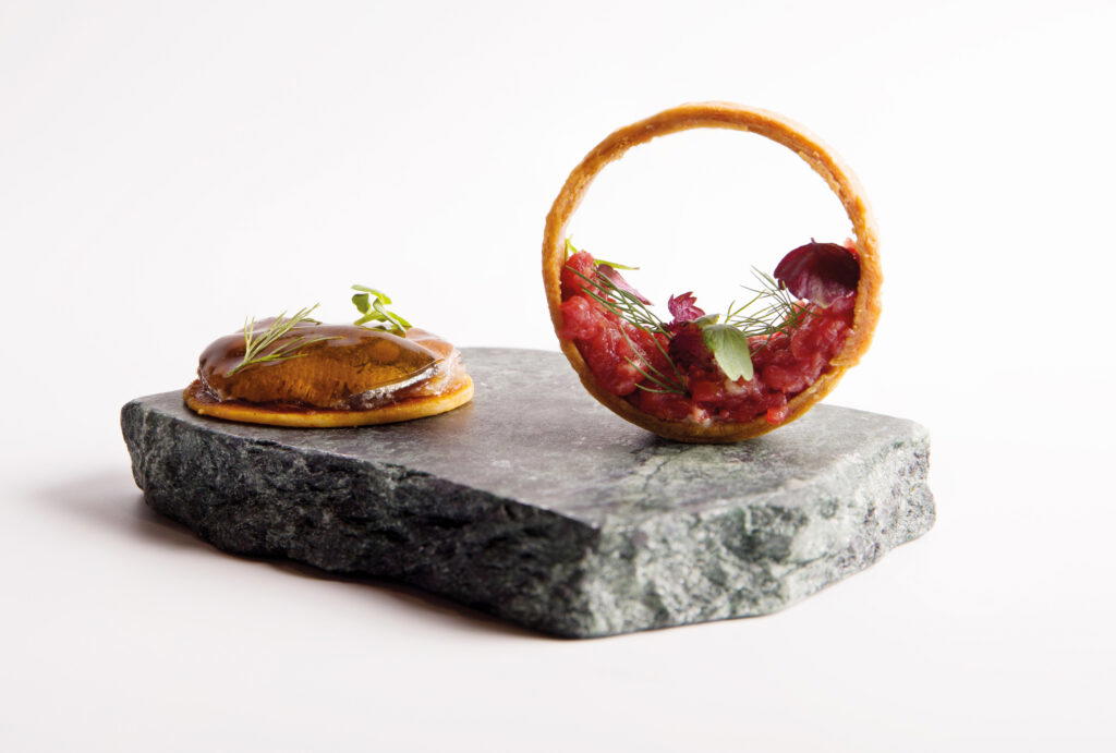 Sardine tart (left); croissant, beef tartare, and truffle