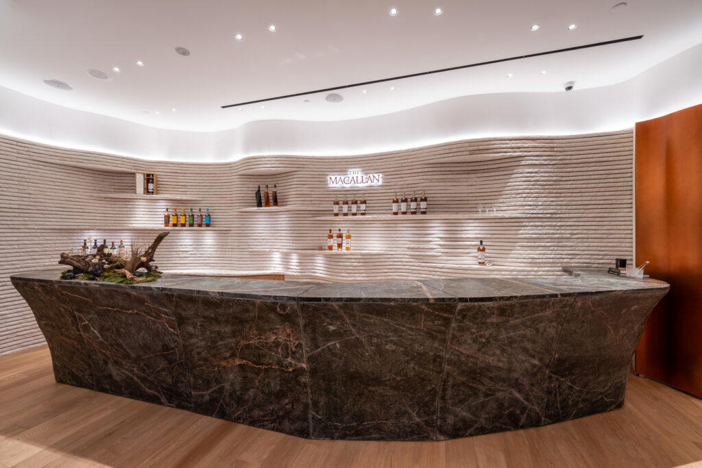 The space’s pièce de resistance is the bar, a physical representation for The Macallan’s use of casks that inspire the natural colours and flavours of the whiskies