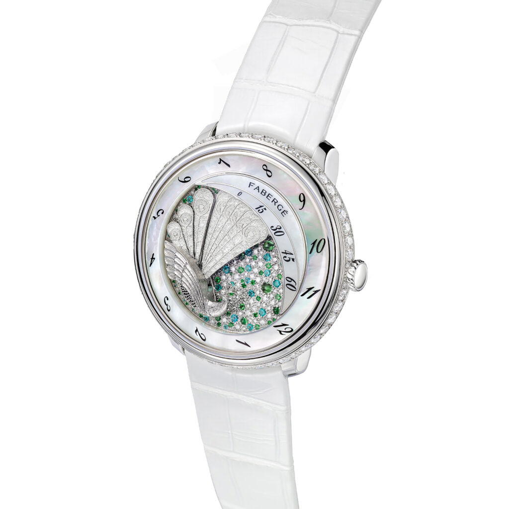 Fabergé Compliquée Peacock in platinum with diamonds, mother-of-pearl, paraíba tourmalines, and tsavorites