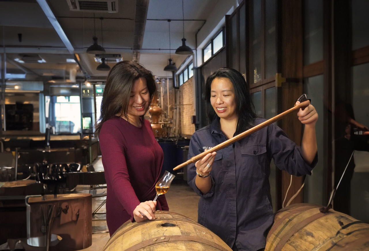 Jamie Koh distilling Brass Lion Whisky