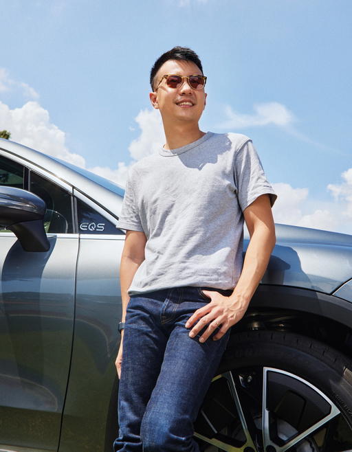 Morgan Yeo with the Mercedes Benz EQS SUV. He rebranded and restructured Roger&Sons along with his two brothers in 2014 (Credit: Mun Kong. )
