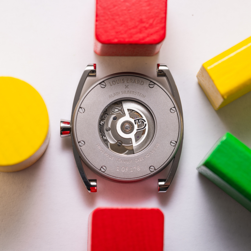 Caseback of the La Semaine Louis Erard x Alain Silberstein Khaki bearing the engraving&nbsp;“Louis Erard x Alain Silberstein 1 of 178” (Credit: Louis Erard)
