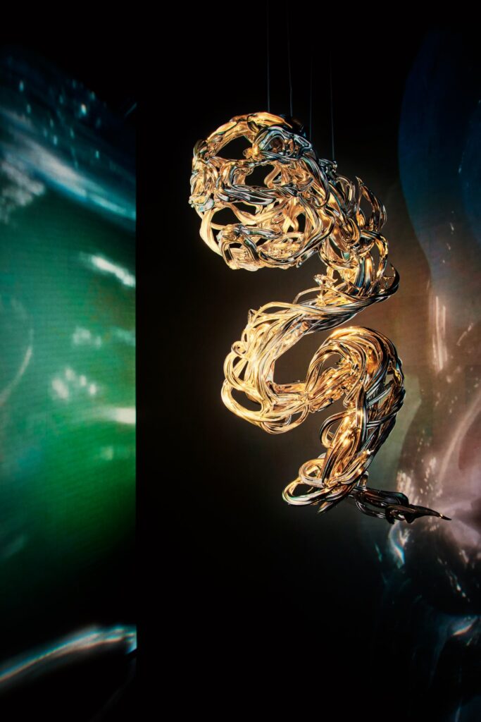 Sougwen 愫君 Chung’s work at the Bulgari Serpenti Factory in Milan, a multi-sensorial tribute to the iconic Serpenti told through jewels, watches, videos, archive materials, kinetic sculptures, video installations and other art forms (Credit: Bulgari)