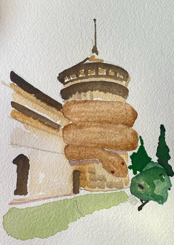 Milanese artist Fabrizio “Bixio” Braghieri’s watercolour paintings show snakes coiling around some of Milan’s most emblematic and best-loved symbols (Credit: Bulgari)