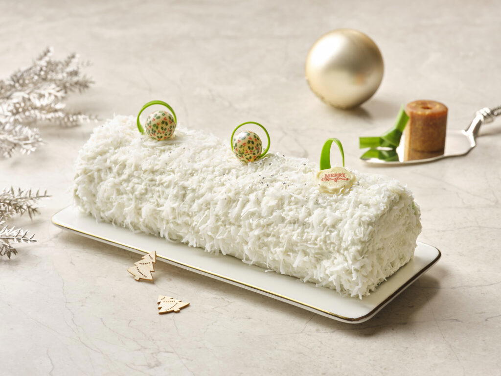 Coconut snow pandan yule log