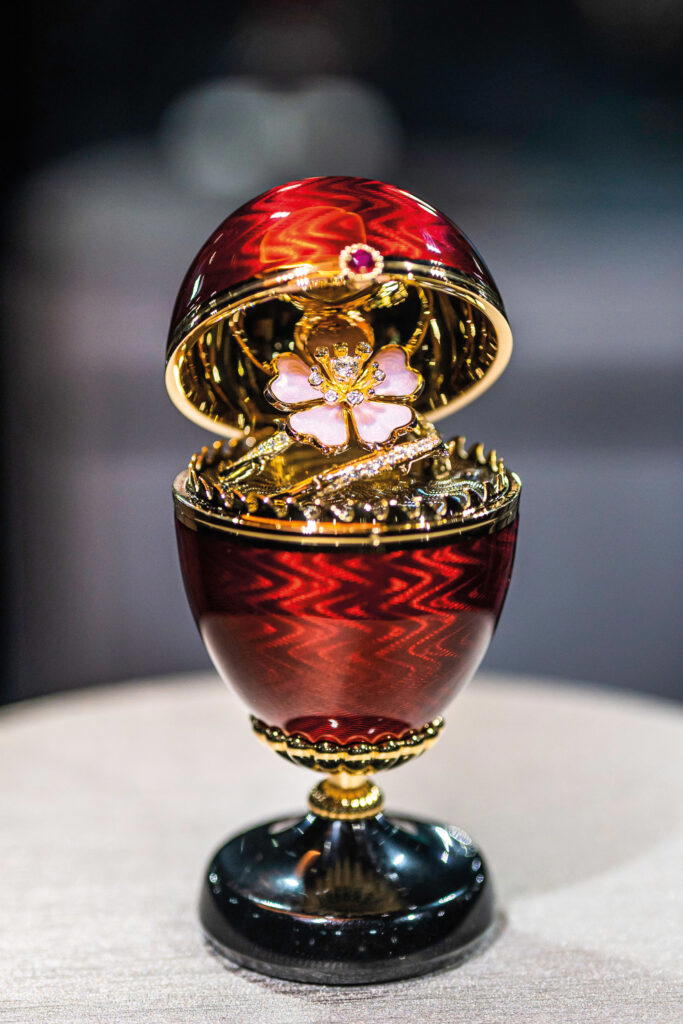 Limited Edition Enamel Egg Objet with Wild Rose Surprise in yellow gold with enamel, diamonds, nephrite, and a ruby