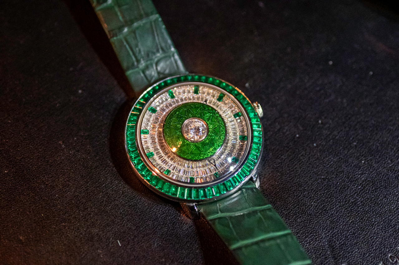 GemAddict in platinum with diamonds, emeralds, and enamel