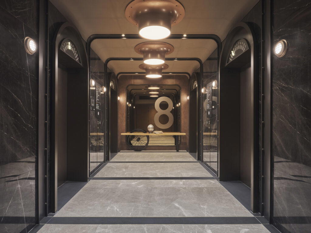 Even the corridors are inspired by the look and feel of adjoining carriages, with curved details at certain sections