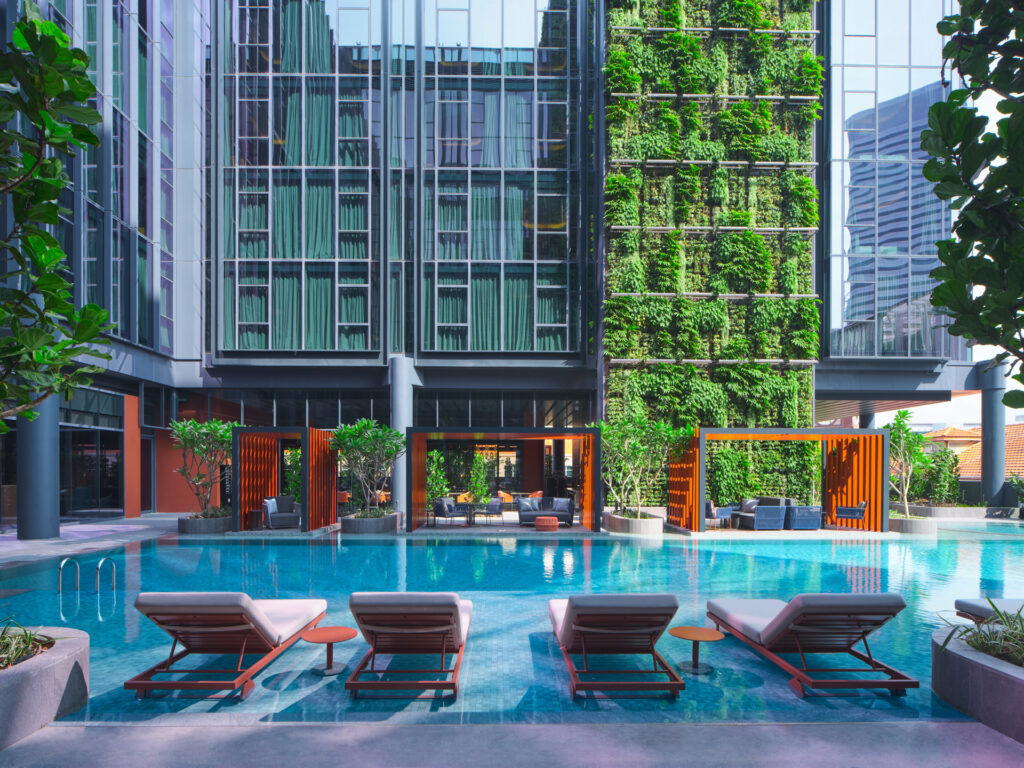 To cool off on a hot day, head to the outdoor swimming pool, along with its stylish cabanas and jacuzzi