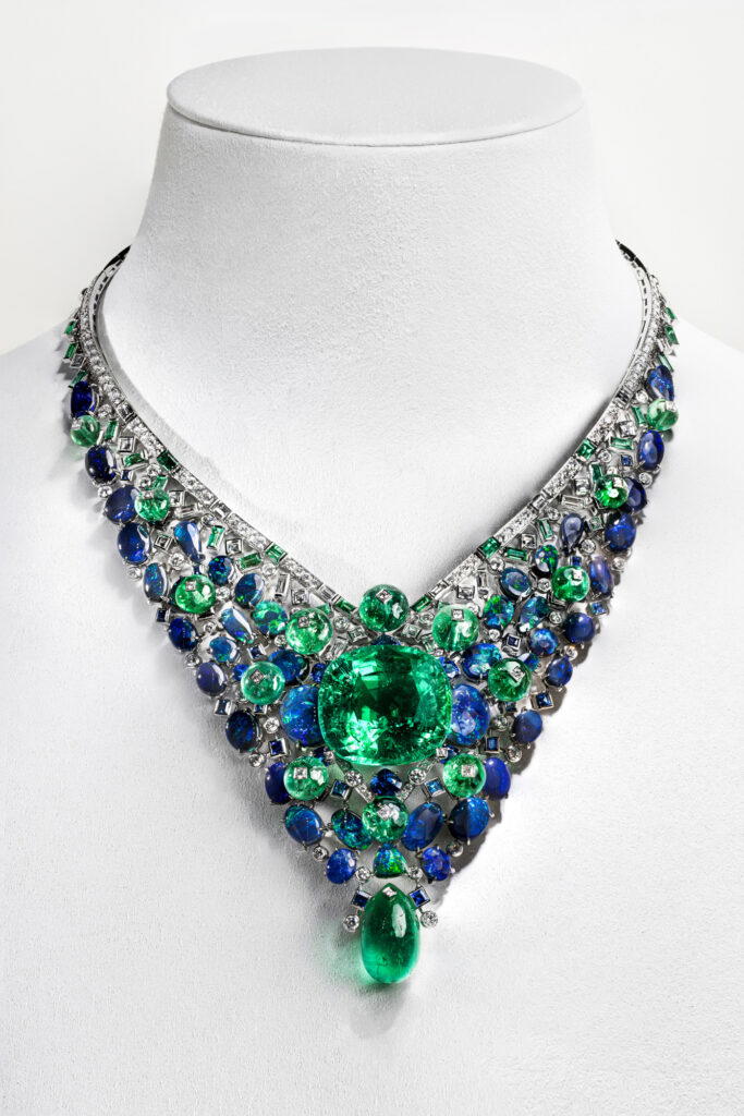 Sambula Necklace in platinum with emeralds, opals, sapphires, and diamonds