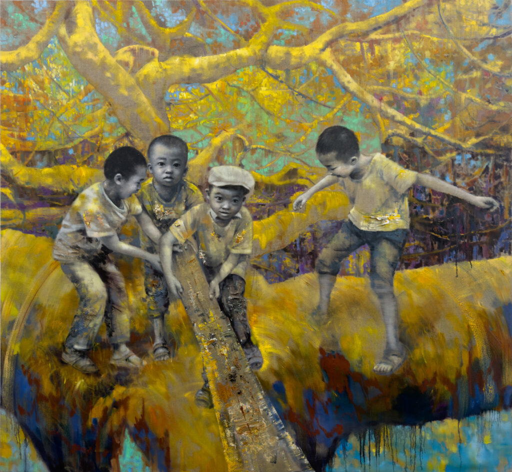 Li Tianbing; The long board game on the yellow tree, 2023, oil on canvas, 72×78 inches (182.9×198.1cm). Photo courtesy of the artist and Opera Gallery