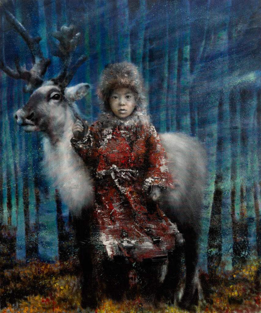 Li Tianbing; With the deer in the blue forest, 2023, oil on canvas, 60×50 inches (152.4x127cm). Photo courtesy of the artist and Opera Gallery