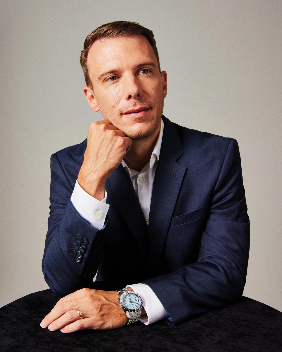 Dominic Schacher wears the Grand Seiko Sport Collection SBGJ275 (Credit: Mun Kong. )