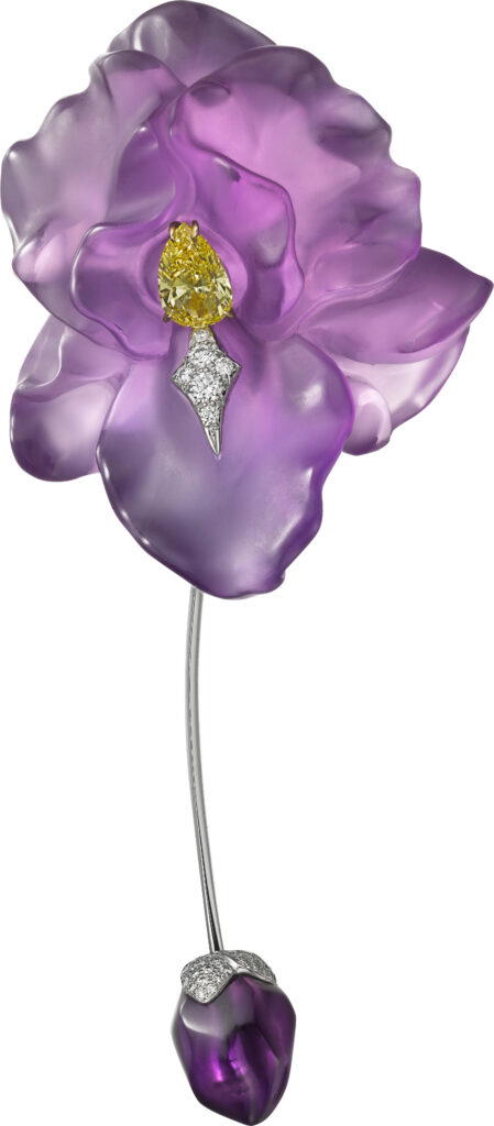 Iridacée high jewellery brooch in white gold with diamonds and amethysts