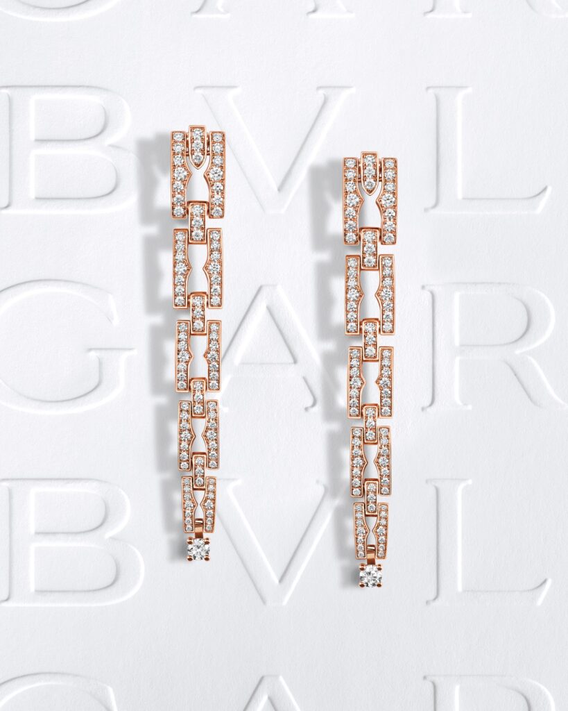 The new B.zero1 earrings in white gold turn the iconic ring design into a full diamond pavé openwork motif, providing ultimate sparkle (Credit: Bulgari)