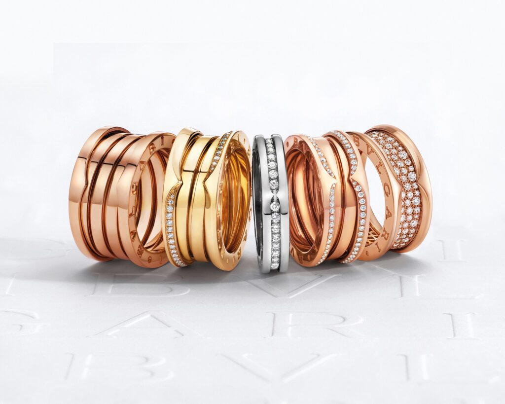 A dazzling array of B.zero1 rings in different coloured golds (Credit: Bulgari)
