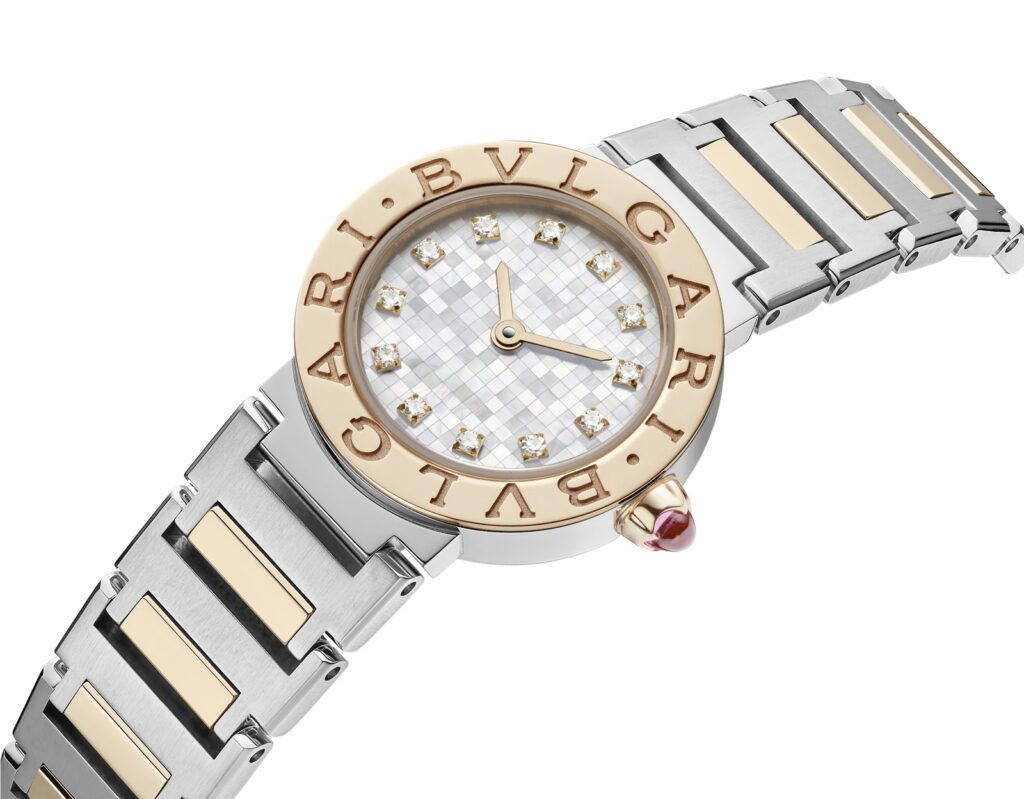 A striking dial made of more than 400 squares of mother-of-pearl mosaic tiles, gives&nbsp;the watch a touch of femininity, modernity, and preciousness (Credit: Bulgari)