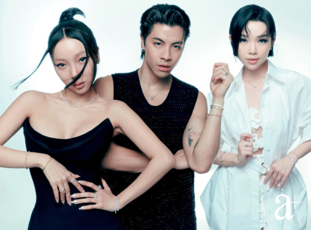 Rachel Wong, Benjamin Kheng, and Willabelle Ong are all wearing jewellery from Graff, and front the three March covers