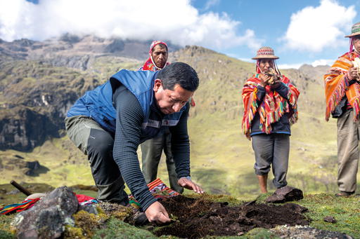 2023 Rolex Awards for Enterprise Laureate Constantino Aucca Chutas on the reforestation day near Quishuarani, Peru, where around 25,000 trees were planted in three hours by the local community