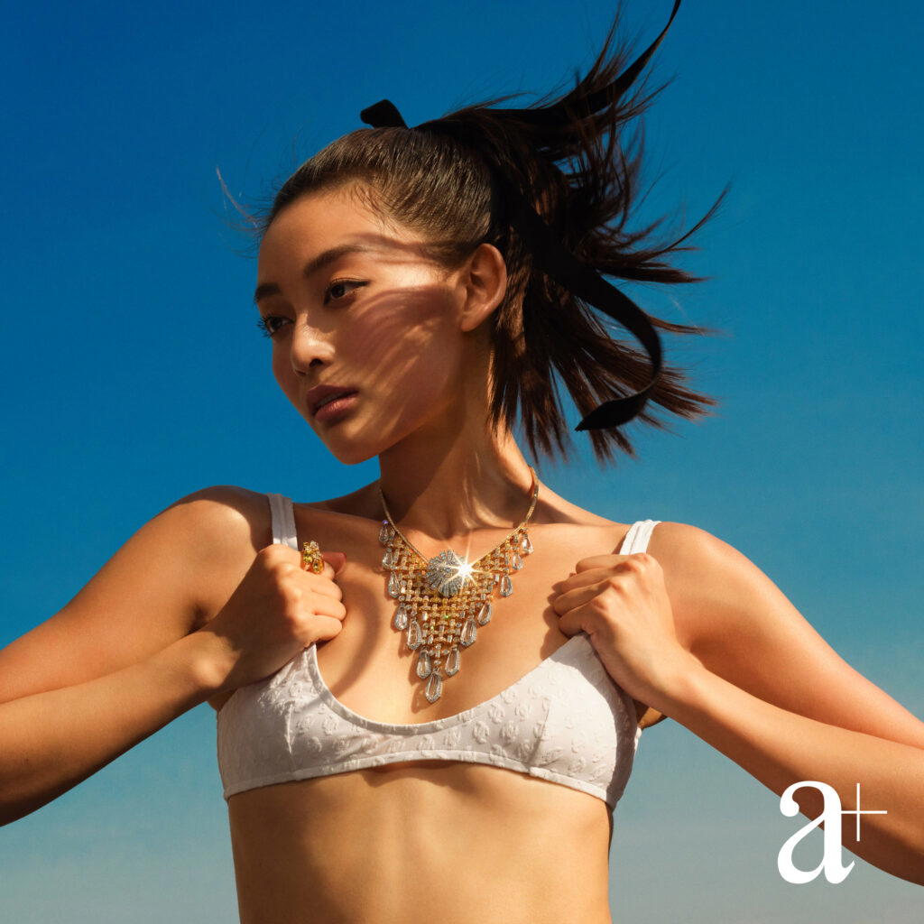 Tweed Cambon necklace in white gold, yellow gold, and platinum with diamonds, yellow diamonds, rock crystal, and one brilliant-cut 3.1-ct D FL type IIa diamond, and Tweed Byzance open ring in yellow gold with diamonds and beryls, both from Chanel (Credit: a+)