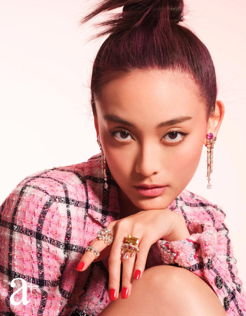 Tweed Pètale earrings in pink gold with diamonds and pink sapphires, Tweed Dentelle double ring in pink gold with diamonds, and N°5 Cascade ring in yellow gold with diamonds, yellow sapphires, yellow beryl, tourmalines, spinels, and morganites, from Chanel (Credit: a+)