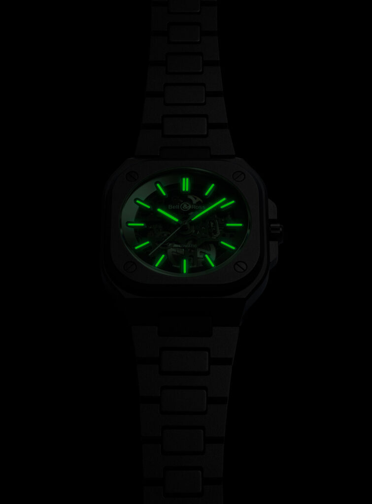 The C5 super-luminova on the BR 05 Skeleton Black Lum Ceramic (Credit: Bell & Ross)