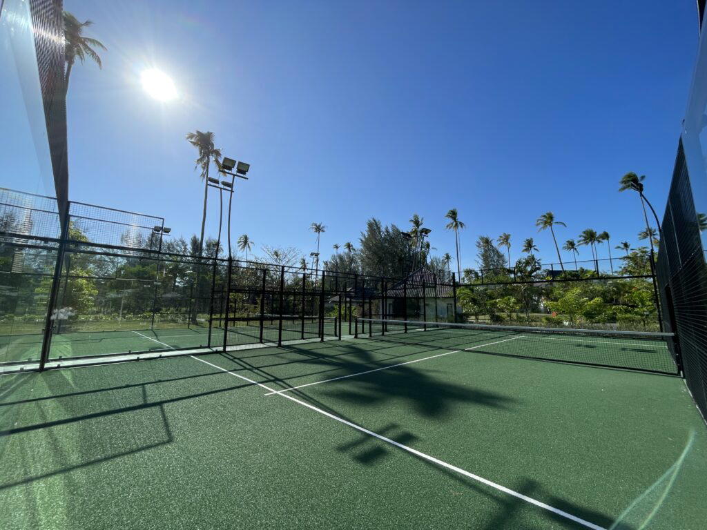The padel court in The Sanchaya, Bintan comes with floodlights to let you play in the evening