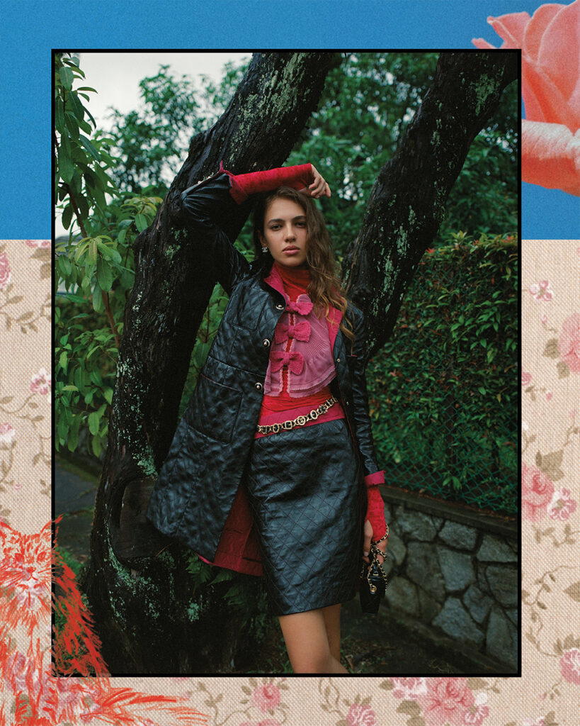 Velour jersey top with removable embellished collar, quilted lambskin coat with matching skirt, jewelled belt with metal and calfskin, metal earrings with rhinestones and shiny calfskin bag, all from Chanel