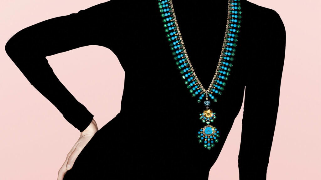 Swinging Sautoir transformable necklace in yellow gold with diamonds, sapphires, turquoise, malachite, and an aquamarine