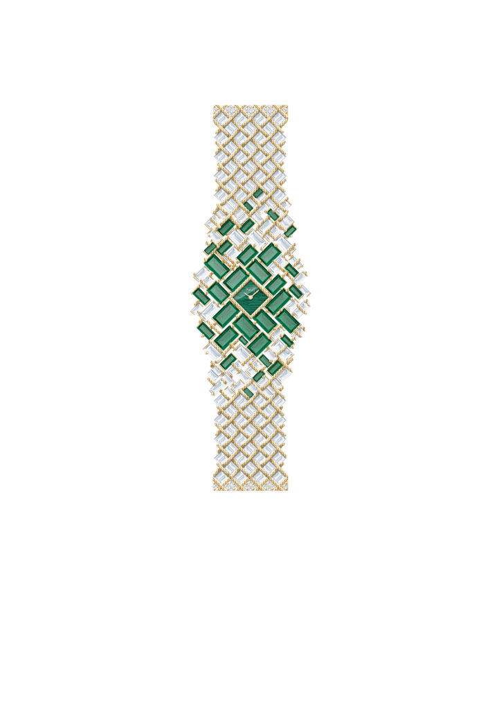 Watch in yellow gold with emeralds, diamonds, and enamel