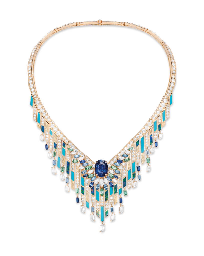 Necklace in pink gold with sapphires, diamonds, tourmalines, aquamarines, turquoise, and an opal