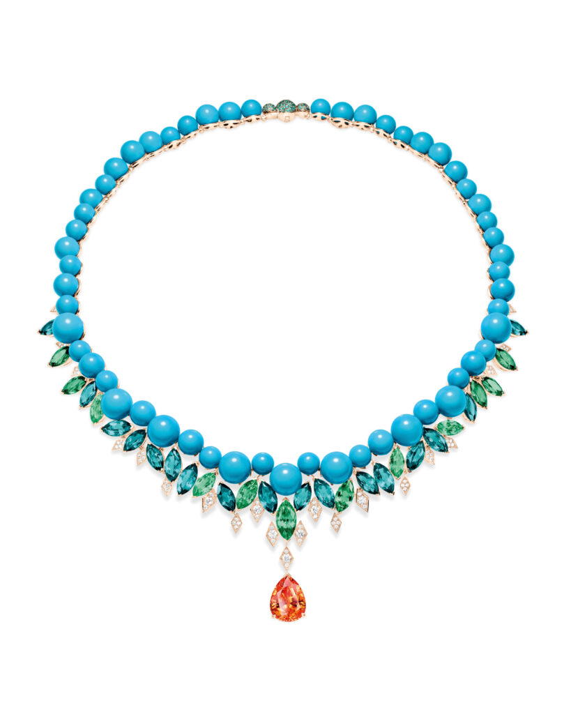 Necklace in pink gold with diamonds, turquoise, tourmalines, and a 10.29-ct spessartite