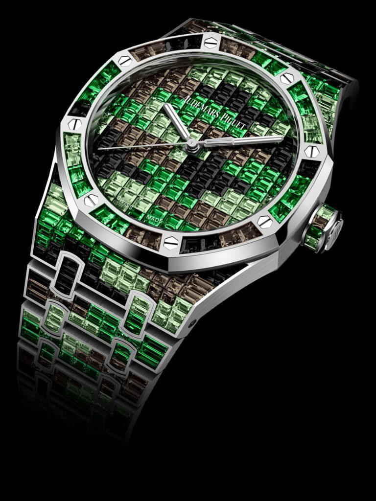 Royal Oak Selfwinding 41mm in white gold with black sapphires, intense and light tsavorites and smoky quartz (Credit: Audemars Piguet)