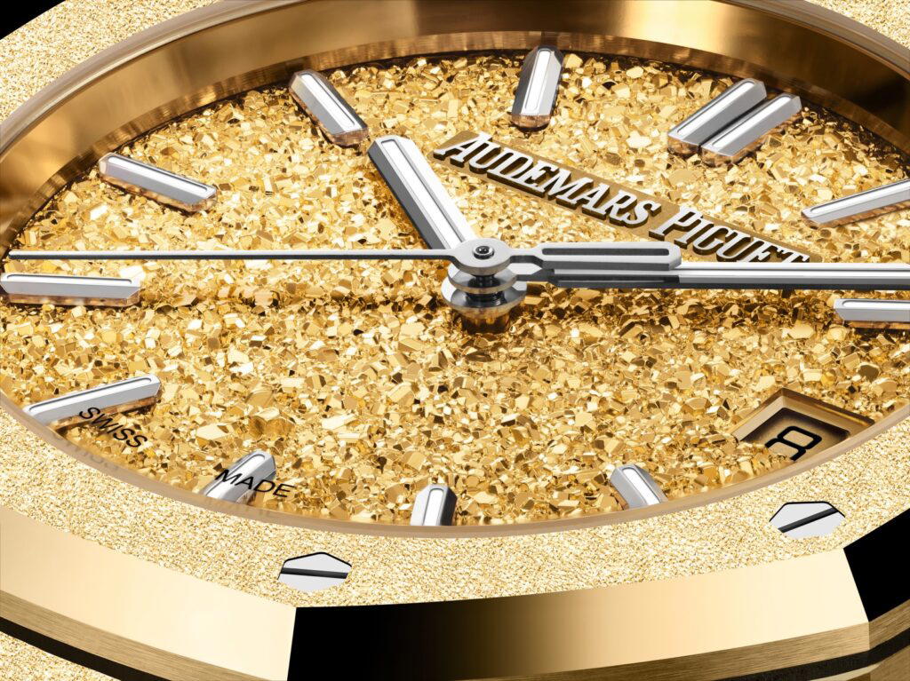 A closer look at the details on the Royal Oak Frosted Gold Selfwinding in yellow gold (Credit: Audemars Piguet)