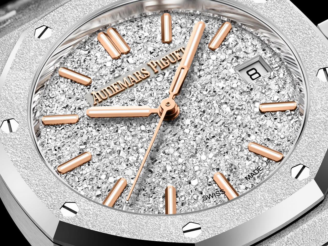 Close up of the dial on the Royal Oak Frosted Gold Selfwinding in white gold (Credit: Audemars Piguet)