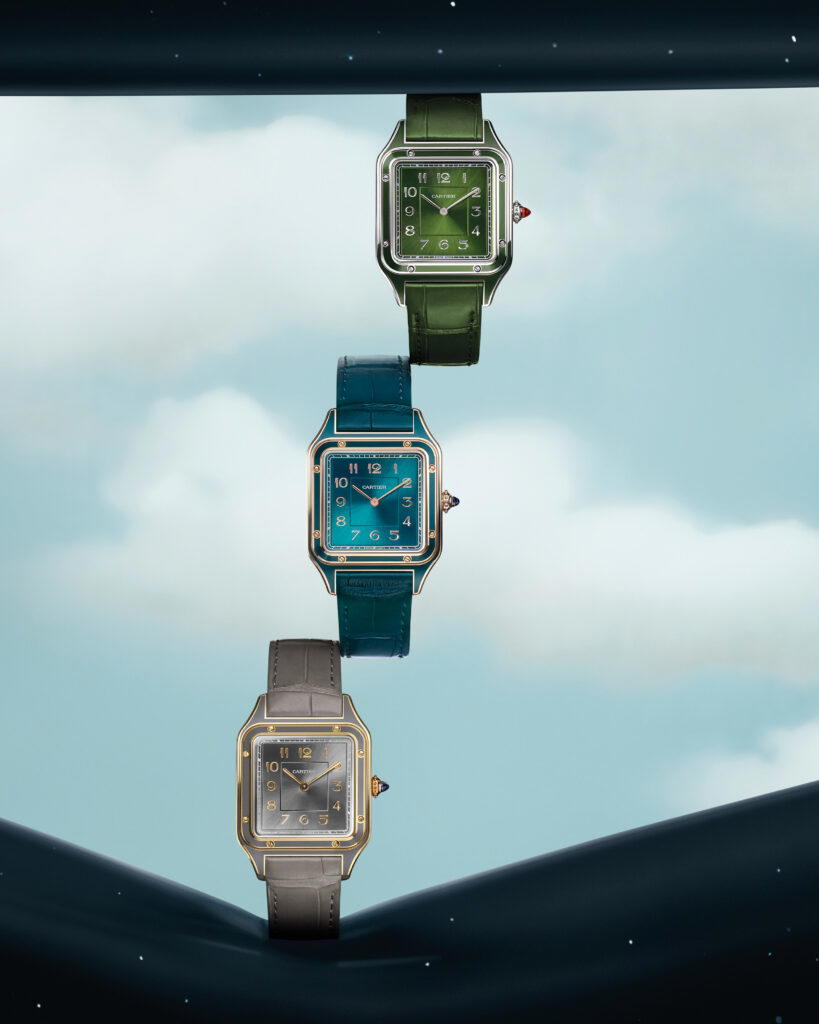 Santos-Dumont in (from top) platinum, rose gold, and yellow gold