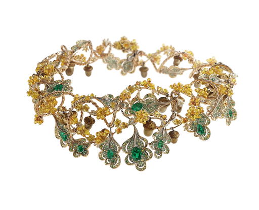 Oak motif necklace in ethical rose gold and titanium with sapphires, emeralds, tsavorites, garnets, and diamonds