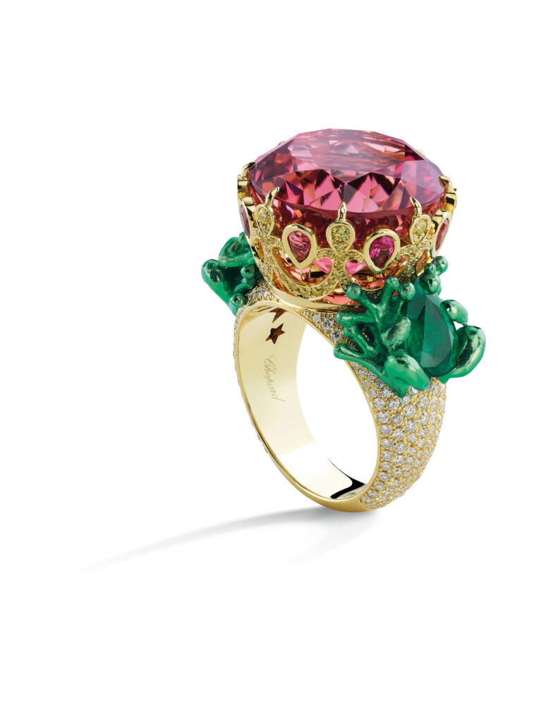 Ring in ethical white and yellow gold and titanium with a 17.71-ct rubellite, emeralds, rubellites, and diamonds