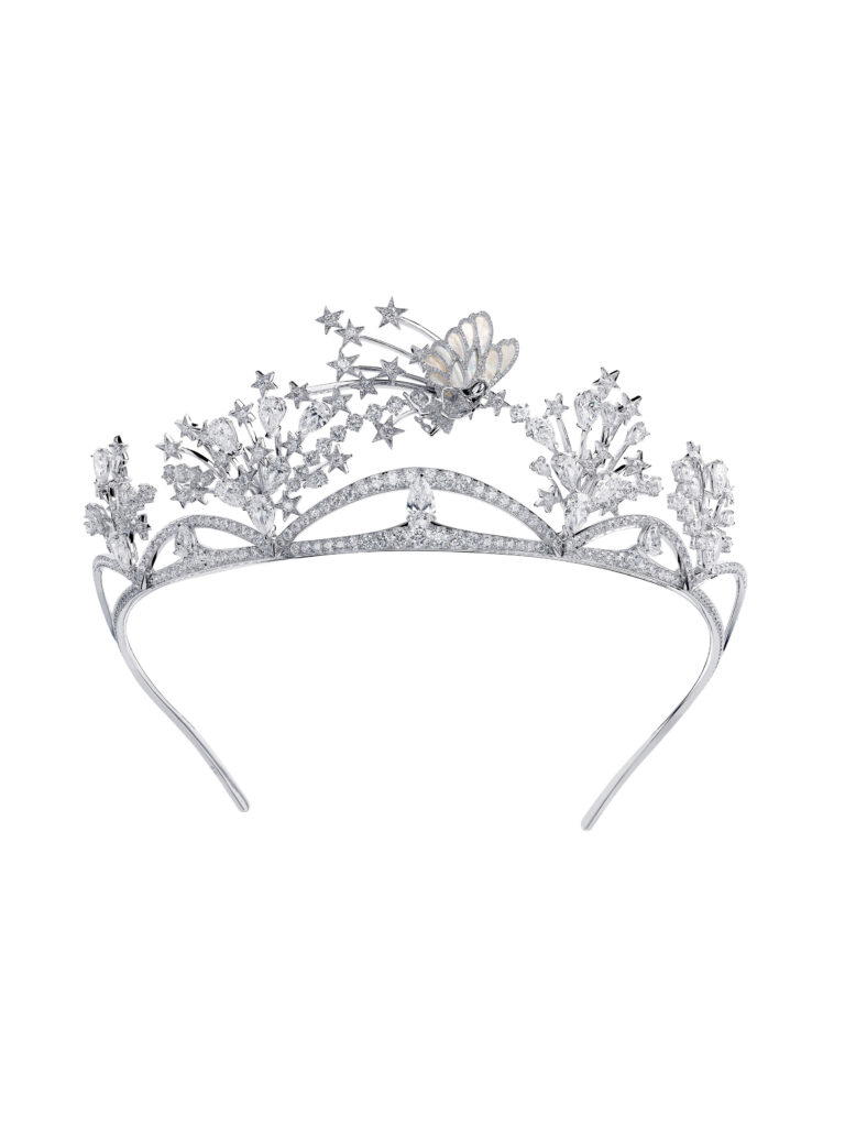 Tiara in ethical white gold with diamonds and mother-of-pearl