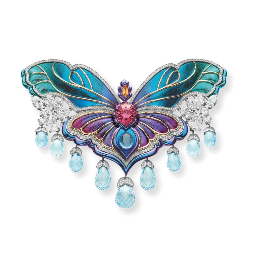 Hair comb in ethical white and yellow gold and titanium with diamonds, topaz, rubellites, a mandarin garnet, and rubellites