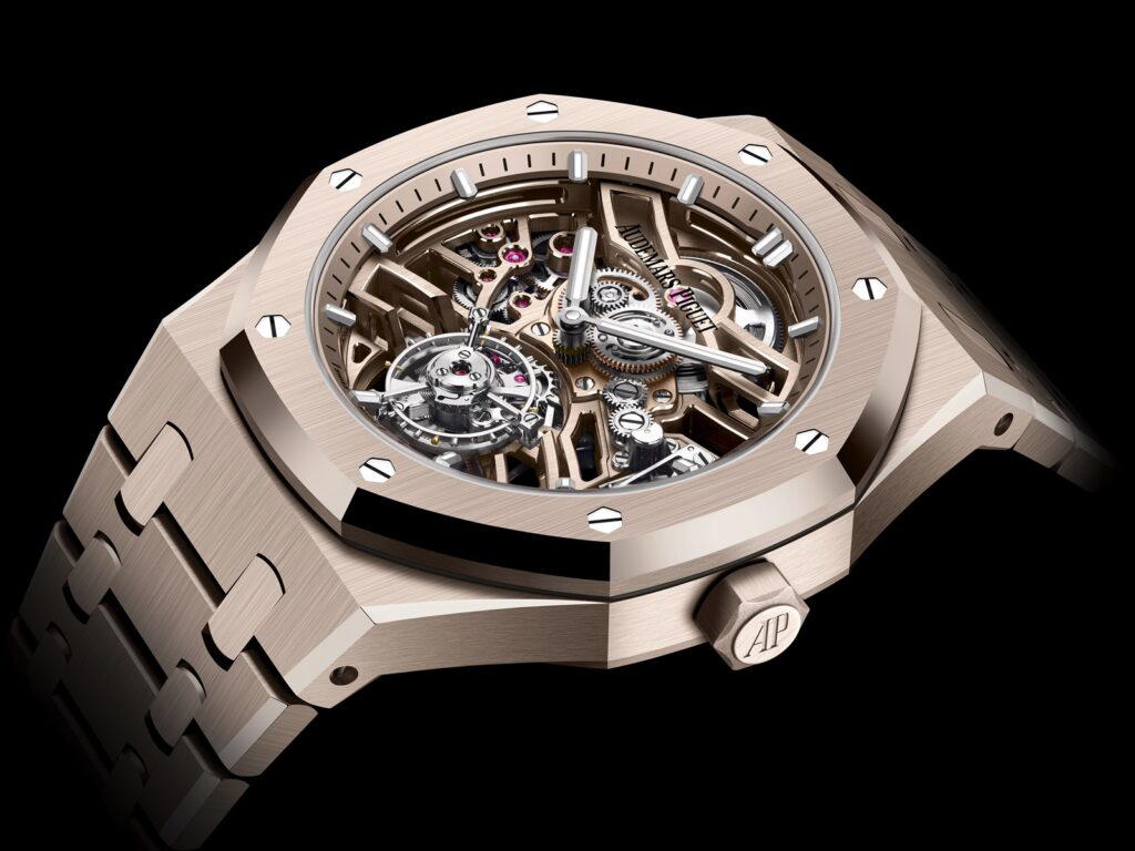 A close-up of the Audemars Piguet Royal Oak Selfwinding Flying Tourbillon Openworked timepiece in sand gold