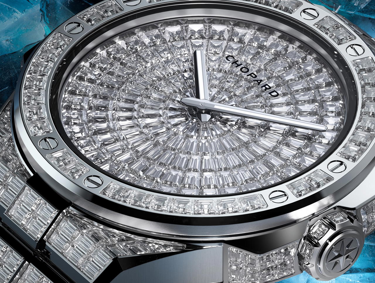 Diamond studded dial on Chopard Alpine Eagle 41 XP Frozen Summit