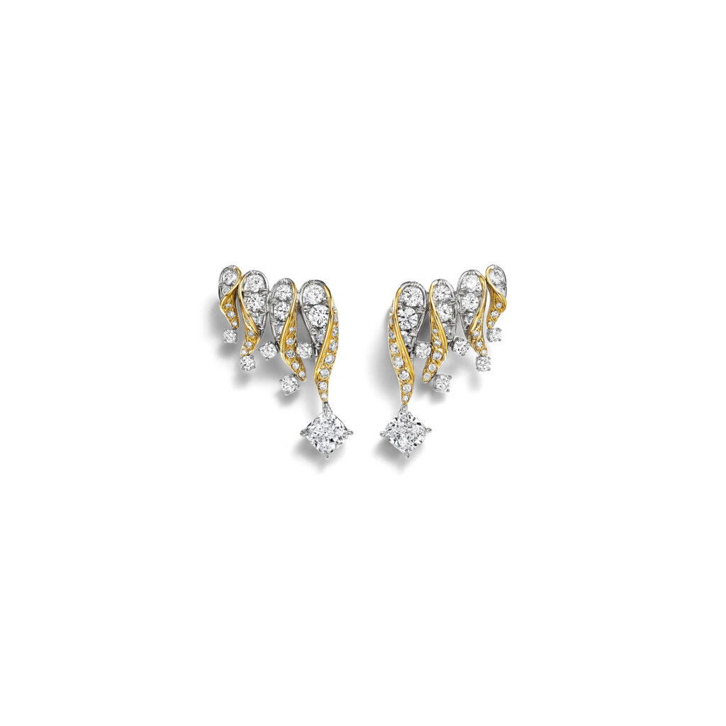 Flames bracelet and earrings in platinum and yellow gold with diamonds