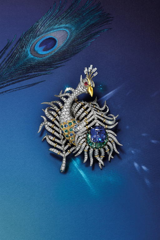 Peacock brooch in platinum and yellow gold with a 13-ct tanzanite, a rubellite, tourmalines, sapphires, and diamonds