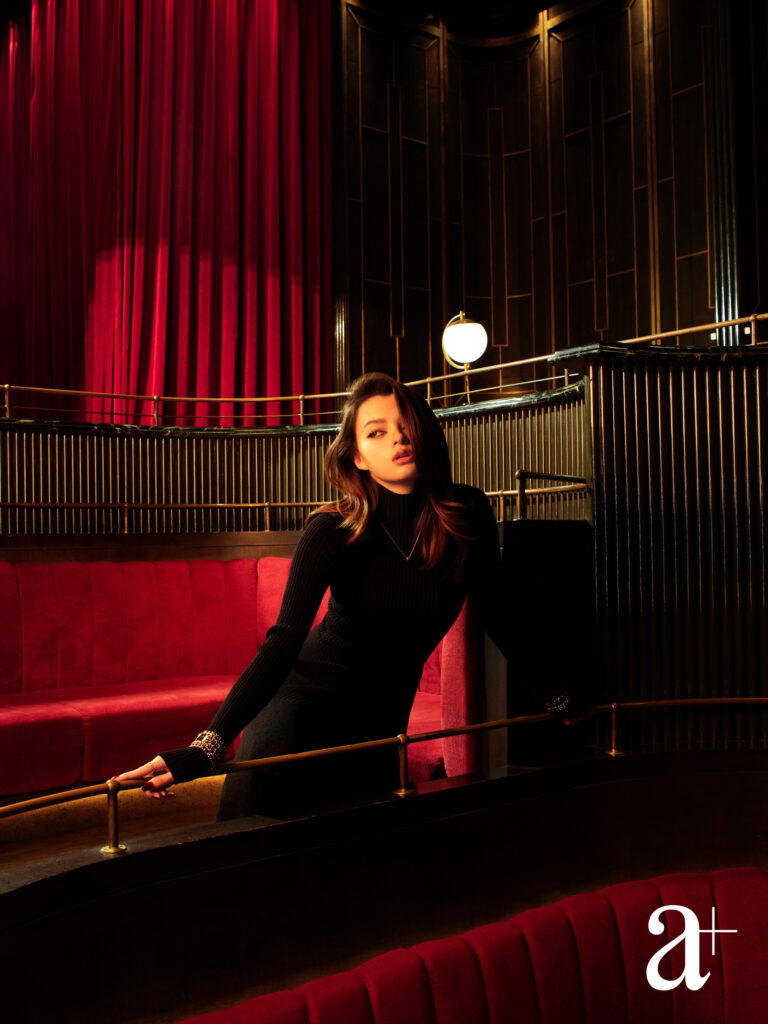 Première Cuff Watch in steel coated with yellow gold, Première Édition Originale Watch in steel coated with yellow gold, Coco Crush rings in white gold with diamonds and beige gold, and Coco Crush necklace in beige gold; wool dress, all from Chanel