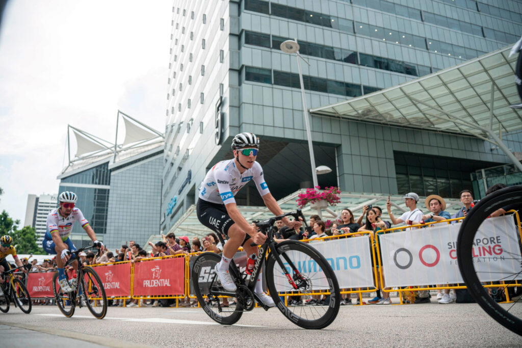 Tadej Pogačar of Slovenia cornering a bend during the 2023 race