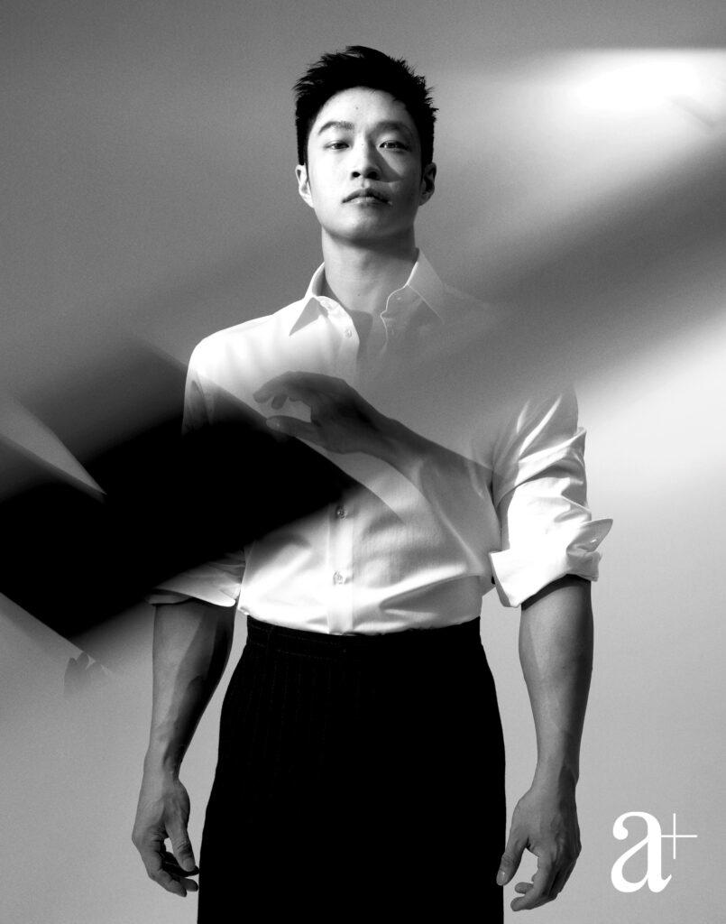 Cotton shirt from Giorgio Armani; virgin wool trousers from Boss