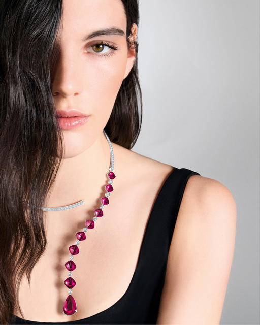 Boucheron Goutte Question Mark necklace in white gold with rubellites, rock crystal and diamonds