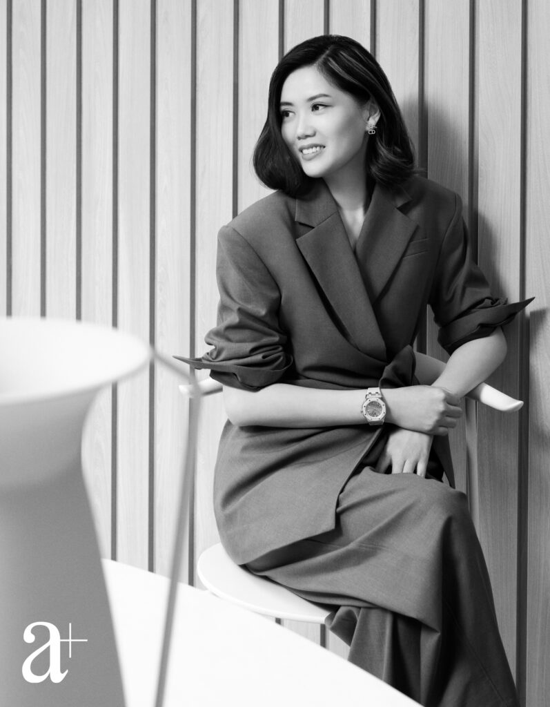 Royal Oak Offshore Selfwinding in pink gold and rubber, from Audemars Piguet; wool wrapped blazer and matching trousers, both from & Other Stories